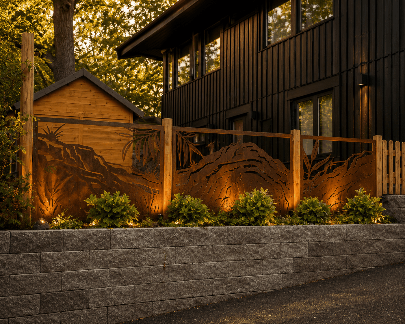 Laser-cut Corten steel bush fence panels along a residential boundary, Stockholm